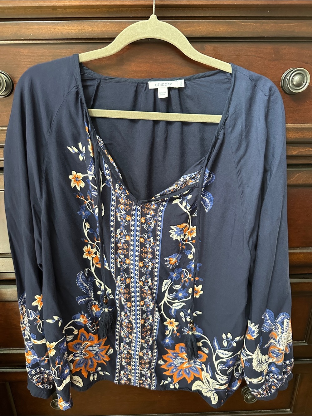 Chico's Navy Floral Embroidered Tie-Front Boho Blouse
